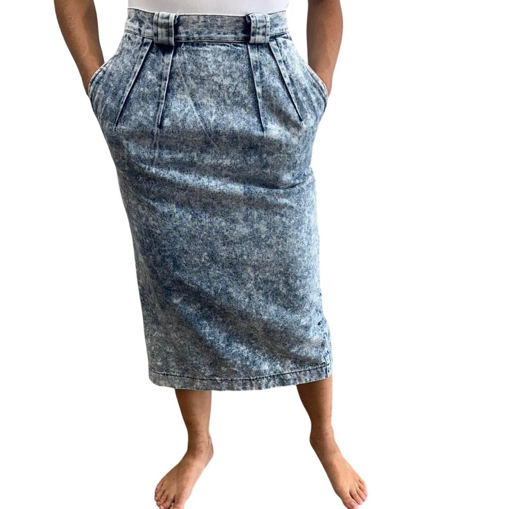 Vintage 80s XS Pleated High Waist Acid Wash Denim Pencil Skirt
